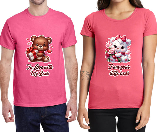 2 SHORT SLEEVE T-SHIRTS, WITH BEARS IN LOVE PRINT FOR MEN AND WOMEN.
